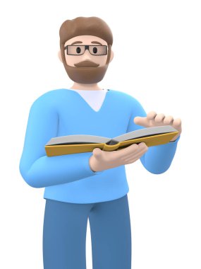 Edebiyat hayranı bir karakter. Gözlüklü sakallı genç bir adam elinde kitap tutuyor. Beyaz arka planda izole edilmiş komik, soyut çizgi film insanları. 3d oluşturma.