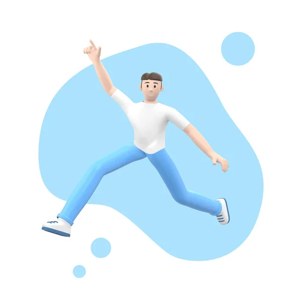 추상적 배경의 유색인 긍정적 남자가 점프하고 공중제비를 날아갑니다 만화가 렌더링 — 스톡 사진