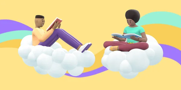 一个年轻的小伙子和一个在云端的非洲姑娘正在阅读一本书 有趣的 抽象的卡通人在黄色的背景与彩色的波浪 3D渲染 — 图库照片