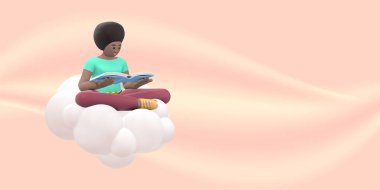 Edebiyat hayranı gökyüzündeki genç Afrikalı bir kız kitap okuyor. Bej renkli komik, soyut çizgi film insanları. 3d oluşturma.