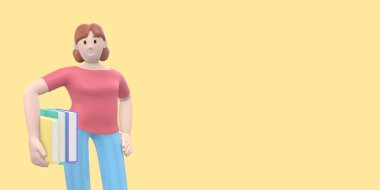 Bir edebiyat hayranı genç bir kızın elinde kitap tutması. Komik, soyut çizgi film insanları sarı arka planda izole edilmiş. 3B görüntüleme.