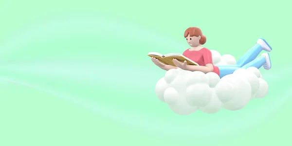 Literature fan a young girl in the sky on a cloud is reading a book. Funny, abstract cartoon people on a green background. 3D rendering.