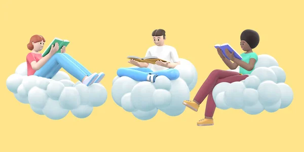 三个文学爱好者 年轻的多文化的男孩和女孩在天空的云端看书 黄色背景上有趣 抽象的卡通人物 3D渲染 — 图库照片