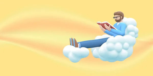 Literature Fan Young Guy Beard Glasses Sky Cloud Reading Book — Stock Photo, Image