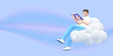 Edebiyat hayranıyım. Gökyüzündeki genç bir adam kitap okuyor. Pembe arka plandaki komik, soyut çizgi film insanları. 3d oluşturma.