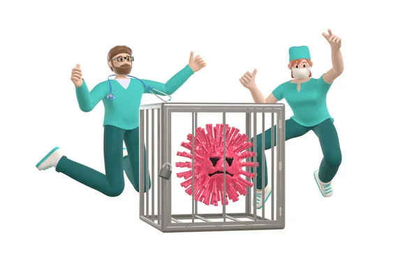 Mutluluktan Zıplayan Genç Doktorlar Virüsü Yenip Bir Kafese Kapattılar Sars — Stok fotoğraf