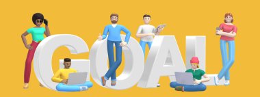 Dizüstü bilgisayarı, tableti, telefonu ve kelime hedefi olan çok ırklı başarılı bir grup genç sarı arka planda hedefleniyor. Yatay afiş çizgi film karakteri ve metin web sitesi sloganı. 3B görüntüleme.