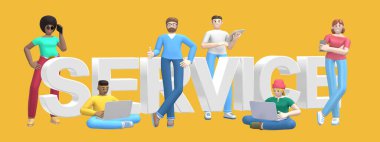 Sarı arka planda dizüstü bilgisayarı, tableti, telefonu ve kelime servisi olan çok ırklı başarılı bir grup genç. Yatay afiş çizgi film karakteri ve metin web sitesi sloganı. 3B görüntüleme.