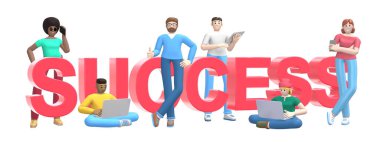 Dizüstü bilgisayarı, tableti, telefonu ve kelime başarısı olan çok ırklı başarılı genç insanlardan oluşan bir grup. Yatay afiş çizgi film karakteri ve metin web sitesi sloganı. 3B görüntüleme.