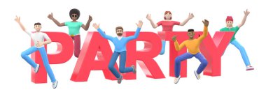 Beyaz arka plandaki kelime partisi. Bir grup genç, çok kültürlü mutlu insan birlikte zıplıyor ve dans ediyor. Yatay afiş çizgi film karakteri ve web sitesi sloganı. 3B görüntüleme.