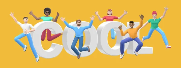 The word cool on a yellow background. Group of young multicultural happy people jump and dance together. Horizontal banner cartoon character and website slogan. 3D rendering.