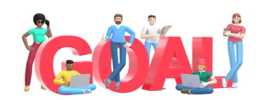 Dizüstü bilgisayarı, tableti, telefonu ve kelime hedefi olan çok ırklı başarılı bir grup genç beyaz arka planda hedefleniyor. Yatay afiş çizgi film karakteri ve metin web sitesi sloganı. 3B görüntüleme.