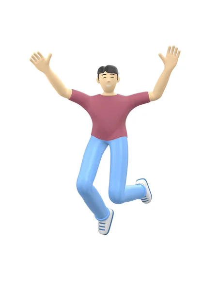 Рендеринг Персонаж Азиатского Парня Прыгающего Танцующего Держа Руки Вверх Счастливые — стоковое фото