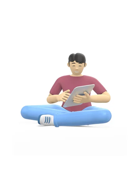Vykreslování Charakter Asijského Chlapa Sedí Lotosové Poloze Tabletem Koncept Studia — Stock fotografie