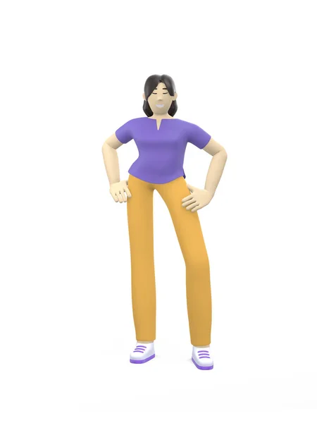 Rendering Character Asian Girl Standing Free Pose Happy Cartoon People — Stock Photo, Image