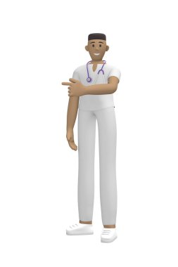 Tıbbi karakter, takım elbiseli genç Afrikalı doktor uzayı kopyalamak için parmağıyla işaret ediyor. Beyaz arka planda izole edilmiş bir çizgi film karakteri. 3B görüntüleme.