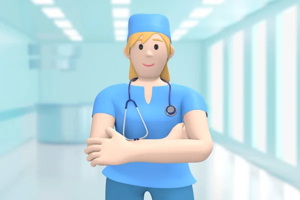 医院内科的女医生站在那里 双手紧握在胸前 卡通人 3D渲染 — 图库照片