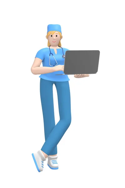 医療キャラクターノートパソコンを持ったスーツ姿の若い白人女性医師 白地に隔離された漫画家 3Dレンダリング — ストック写真