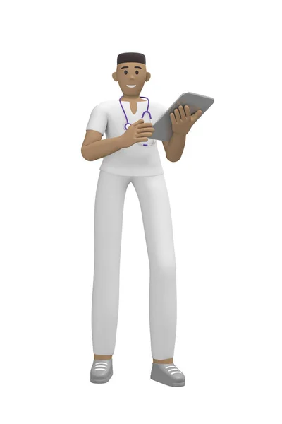 身穿西服的年轻的非洲男医生拿着一块石碑和一个文件夹 卡通人在白色背景下被隔离 3D渲染 — 图库照片