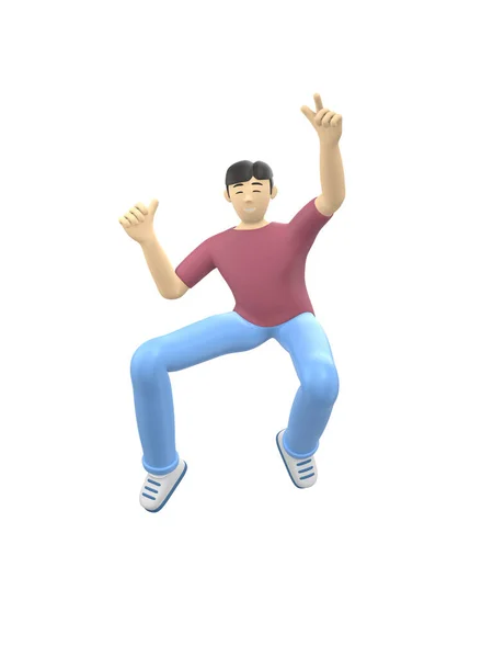 Rendering Character Asian Guy Jumping Dancing Holding His Hands Happy — Stock Photo, Image