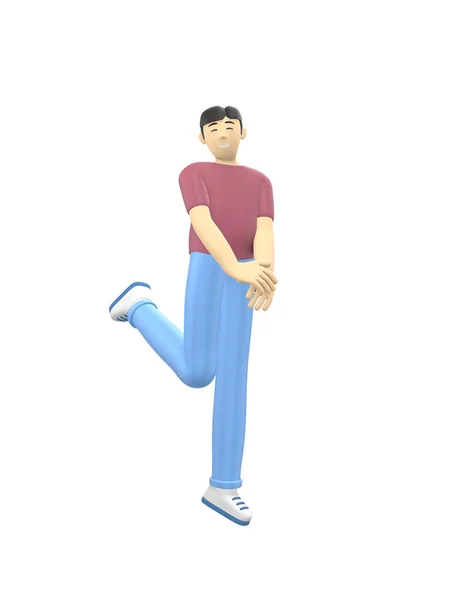 アジア系の男が飛び跳ねて手をつないで踊る3Dレンダリングキャラクター 幸せな漫画家 ビジネスマン 正のイラストは白地に隔離されています — ストック写真
