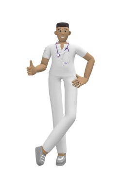Tıbbi karakter genç Afrikalı doktor başparmağını kaldırdı. 