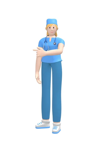 Personagem Médico Jovem Médica Branca Terno Azul Aponta Dedo Para — Fotografia de Stock