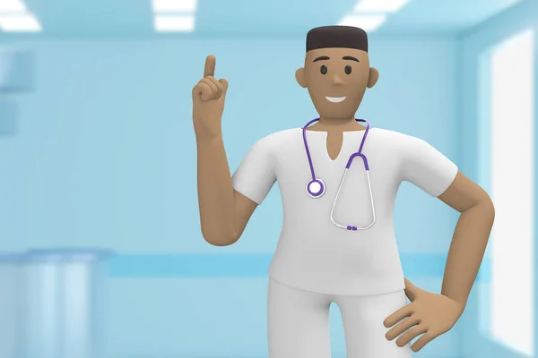 非洲男医生在医院内科食指内注意 复制空间 卡通人 3D渲染 — 图库照片