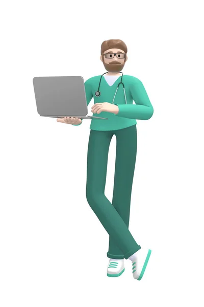 身穿西服 手持笔记本电脑的年轻白人医生 卡通人在白色背景下被隔离 3D渲染 — 图库照片