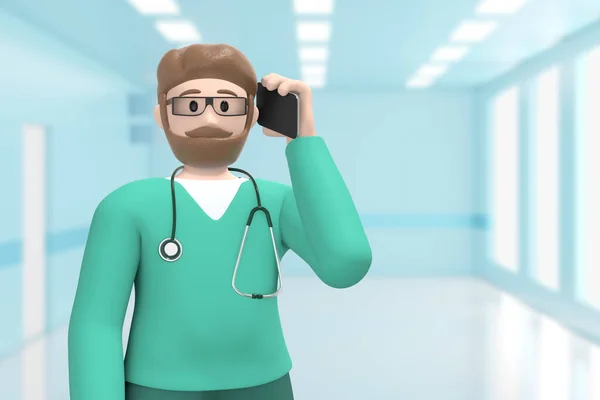 医院内科的男医生在电话里说着话 接了电话 卡通人 3D渲染 — 图库照片