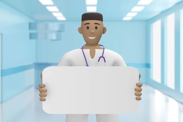 非洲男性医生在医院的内科有一个空的板复制空间 卡通人 3D渲染 — 图库照片