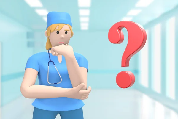 医院内科女医生和一个问号 解决方案 卡通人 3D渲染 — 图库照片