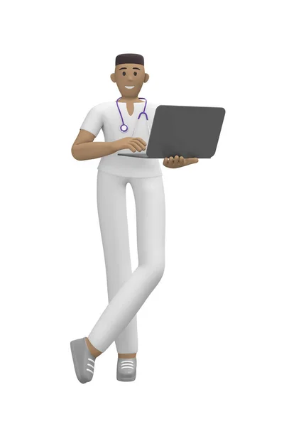身穿西服 手持笔记本电脑的年轻非洲男医生 卡通人在白色背景下被隔离 3D渲染 — 图库照片