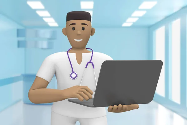 医院内科的非洲男医生拿着笔记本电脑 卡通人 3D渲染 — 图库照片