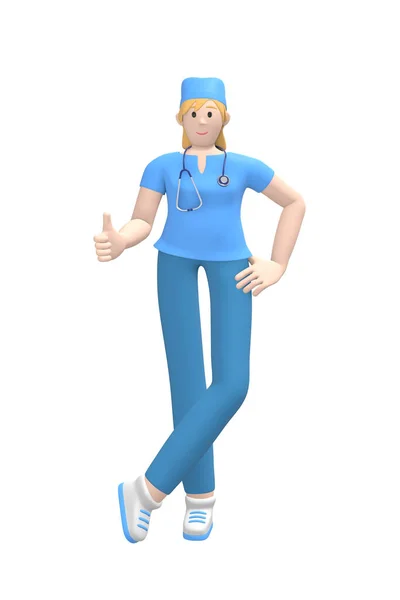 医学人物年轻的白人女医生竖起大拇指 概念像 卡通人在白色背景下被隔离 3D渲染 — 图库照片