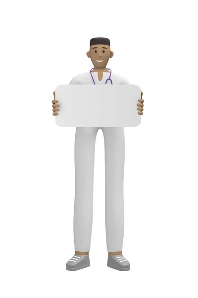 医学人物年轻的非洲男医生拿着一块空白板寻找复印空间 卡通人在白色背景下被隔离 3D渲染 — 图库照片