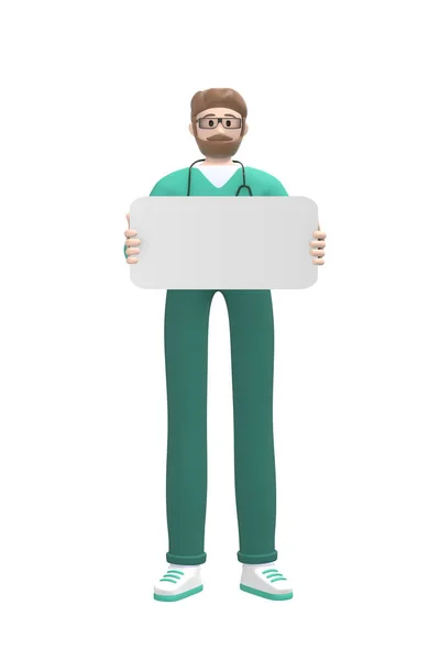 医学人物年轻的白人医生拿着一块空白板子要复印 卡通人在白色背景下被隔离 3D渲染 — 图库照片