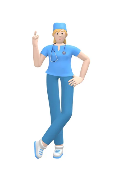 医学人物年轻的白人女医生食指向上 注意的概念 是重要的 卡通人在白色背景下被隔离 3D渲染 — 图库照片