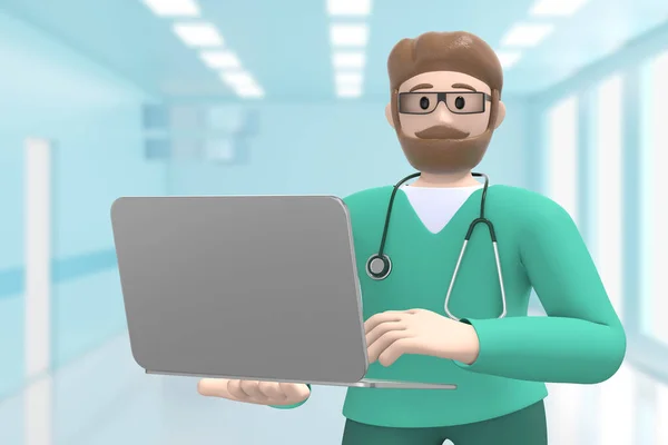 医院内科的白人医生拿着笔记本电脑 卡通人 3D渲染 — 图库照片