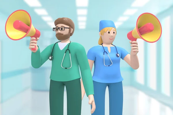 一位内科医生和一位女医生正在对着扩音器呼叫 蓝色背景上的卡通角色 3D渲染 — 图库照片