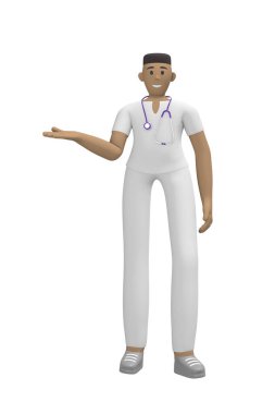 Tıbbi karakter, genç Afrikalı doktor, avuç içi boş el ele tutuşuyor. Uzayı kopyala Beyaz arka planda izole edilmiş bir çizgi film karakteri. 3B görüntüleme.