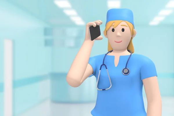 Ženská Doktorka Lékařském Interiéru Nemocnice Mluví Telefonu Bere Telefon Cartoon — Stock fotografie