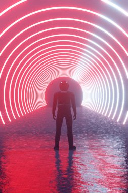 3D tasvir edilmiş fantastik konsept bilimkurgu oyunu, uzay yolu, yabancı şehir. Silüet yalnız adam, miğferli astronot... Parlak neon bir dairenin önünde... Uzağa uzanan kırmızı daireler, bir portal, bir ışınlanma portalı....
