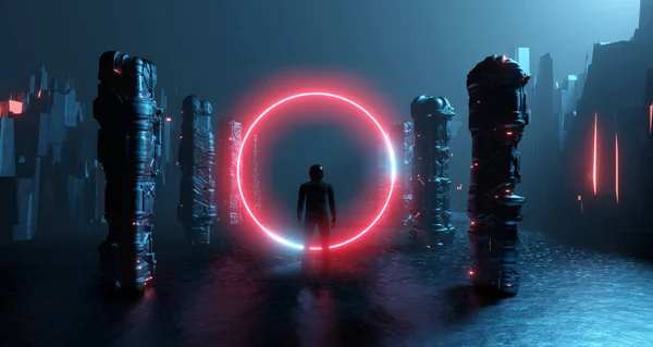 Renderowanie Fantastycznej Scifi Cyber Rzeczywistości Samotny Człowiek Kasku Wewnątrz Statku — Zdjęcie stockowe