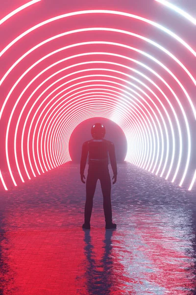 3d rendering fantastic concept scifi game, space path, alien city. Silhouette lonely man, astronaut in helmet in front of a luminous neon red circles extending into the distance, a portal, a teleport.