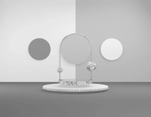 3D rendering abstract exhibition. Marble platform with a shiny silver arch and chains, decorative round elements of an different tone in pastel white, gray. Award template for app, web page.