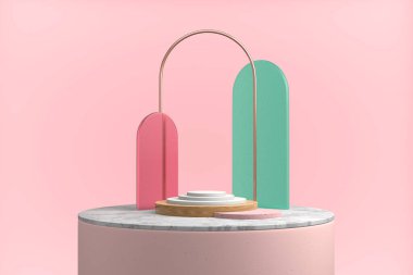 3 boyutlu, soyut kompozisyonu pembe, pastel renkte. Minimum podyum, ürün gösterisi. Altın kemer, ahşap bir basamakta yeşil ve kırmızı cam. Boşluğu kopyala, lüks web uygulama arkaplanı
