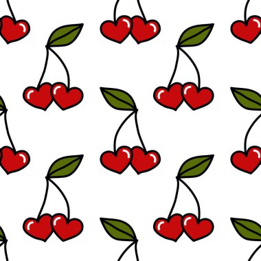 kirazlı kalpler dikişsiz karalama deseni, vektör rengi çizimi