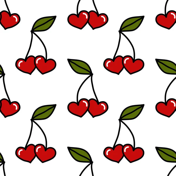 Cherry Hearts Seamless Doodle Pattern Vector Color Illustration — Stock Vector