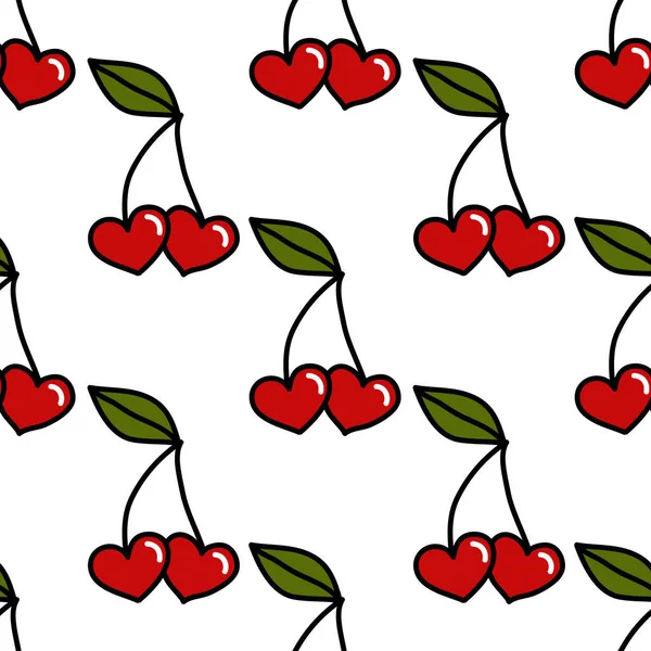 Cherry Hearts Seamless Doodle Pattern Vector Color Illustration - Stok Vektor